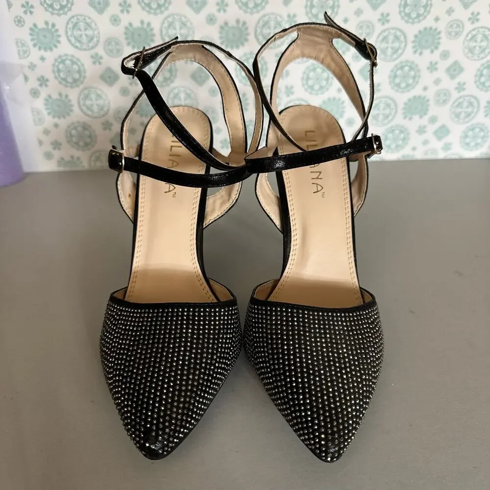 Liliana Womens Size‎ 10 Heels Pumps Stiletto Black Rhinestones Ankle Strap - Picture 4 of 13